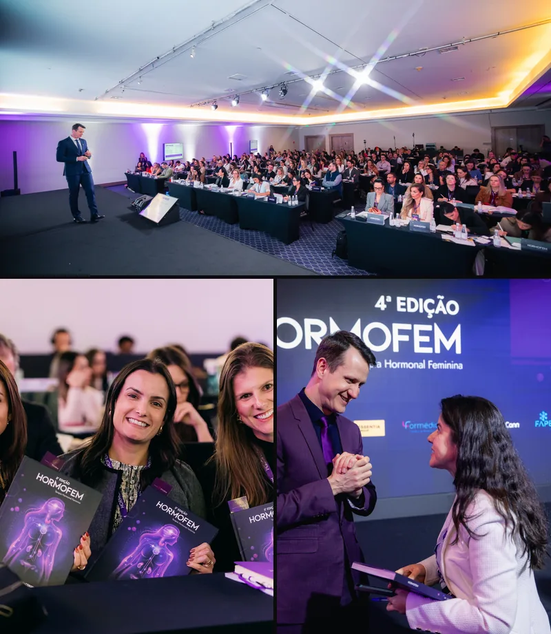 Sala cheia da 4ª edição com o Dr. Leonardo no palco, três alunas da 5ª edição segurando o livro HORMOFEM e o professor cumprimentando uma médica no palco
