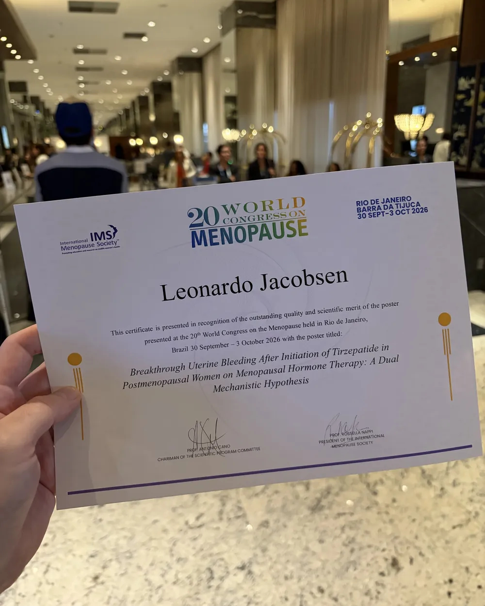 Certificado da International Menopause Society em nome de Leonardo Jacobsen